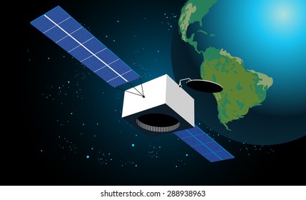 Vector illustration of satellite in space with shining blue stars. Earth is on background.