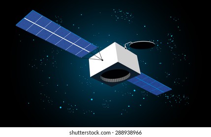 Vector illustration of satellite in space with shining blue stars.