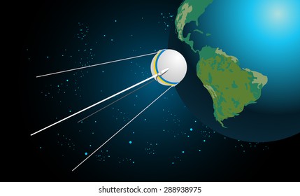Vector illustration of satellite in space with shining blue stars. Earth is on background.