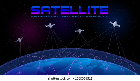 Vector illustration Satellite transmits a signal. Many visible signals on the planet earth. Template flyer, banner horizontal