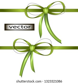 Vector illustration of satin ribbon bows with silver cord for decor tie up green gift in eco style