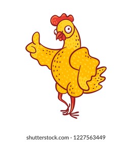 Vector illustration of satisfied hen standing with thumbs up in sketch style - hand drawn chicken standing and showing ok gesture with wing and feathers isolated on white background.