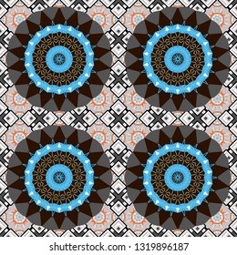 Vector illustration. With saturated shapes in gray, brown and blue colors. Textile design texture. Seamless pattern abstract background. Ethnic tracery for print on textile.