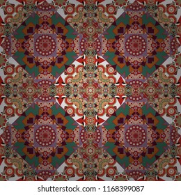 Vector illustration. With saturated shapes in red, beige and green colors. Seamless pattern abstract background. Ethnic tracery for print on textile. Textile design texture.