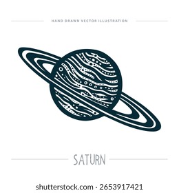 Ilustração vetorial de Saturno com anéis icônicos, texturas estilizadas e linhas gravadas em negrito. Design artístico desenhado à mão para astronomia, ciência e temas cósmicos. Parte do conjunto.