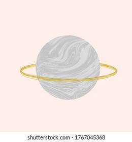 Vector illustration with Saturn with marble stone texture. Trendy Cosmic minimalistic landscape scene with ebru textured planet. Pastel grunge