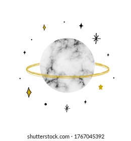 Vector illustration with Saturn with marble texture. Trendy Cosmic minimalistic landscape scene with stone textured planet and stars. Pastel grunge