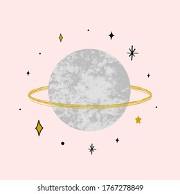 Vector Illustration With Saturn With Marble Texture. Trendy Cosmic Minimalistic Landscape Scene With Stone Textured Planet And Stars. Pastel Grunge