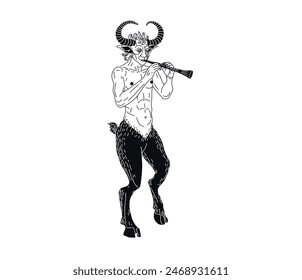 Vector illustration of Satyr.  Half goat. Half human. Fairytale animal. Mythical creature. Ancient Greek characters. Monster with hooves. Graphic arts. The satyr plays the flute. Forest Faun