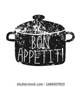 Vector illustration of saucepan and text "Bon appetit!" isolated on white background