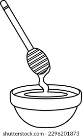vector illustration of a saucer with honey and a wooden honey spoon, a small glass plate with honey, honey is pouring, doodle and sketch 