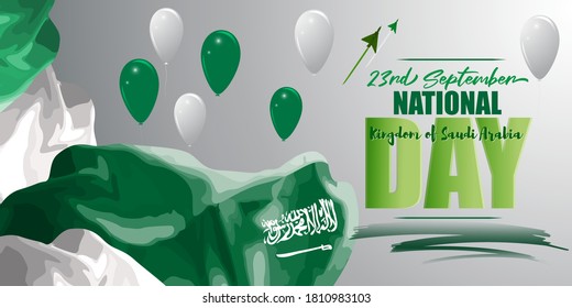 Vector illustration of Saudi Arabia national day, 23rd september, saudi arabia flag, balloons and airforce craft.