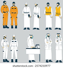 Vector illustration of Saudi professionals in traditional and modern attire, showcasing engineers, workers, doctors, and office staff, reflecting diverse career roles in Gulf industries.