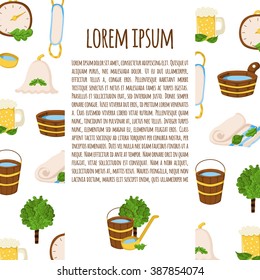 Vector illustration with sauna objects. Cartoon sauna icons. Hotel sauna icons or card concept. Spa or healthcare sauna background. Relaxation, wellness, therapy, treatment, sauna vector illustration