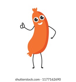 Vector illustration of sausage cartoon character standing and showing okay or like gesture - flat smiling emoticon of meat food holding thumbs up isolated on white background.