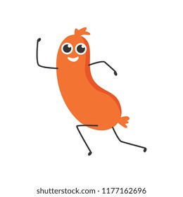 Vector illustration of sausage cartoon character running forward full of strength and energy - flat smiling emoticon of meat food for healthy organic eating concept isolated on white background.