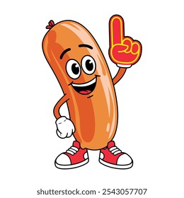 Vector illustration of a sausage mascot character pointing a foam finger up. Fun and engaging design, perfect for sports-themed or food-related projects.