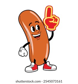 Vector illustration of a sausage mascot character pointing a foam finger up. Fun and engaging design, perfect for sports-themed or food-related projects.