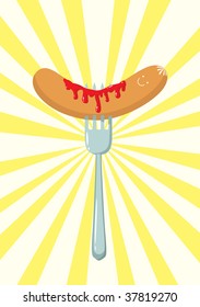 Vector illustration of sausage under ketchup on a plug