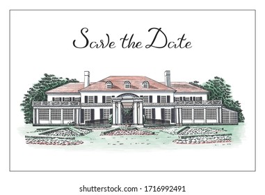 Vector illustration with Save the Date hand drawn lettering text and Georgian style mansion, wedding venue, country estate. In front of the house - beautiful formal gardens.