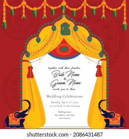 vector illustration of save the date, indian wedding invitation card with elephant and flower decoration