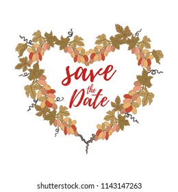 Vector illustration, Save the Date text and grapes wreath. Wedding invitation design element.