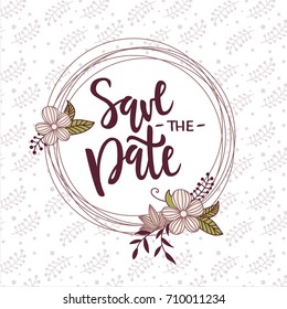 Vector illustration of save the date text with background and floral elements for wedding/ party/ birthday. Save the date card/ tag/ badge template. Lettering typography wedding illustration. EPS 10