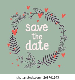 Vector illustration - Save the date wedding invitation with  flowers, hearts and hand drawn lettering.
