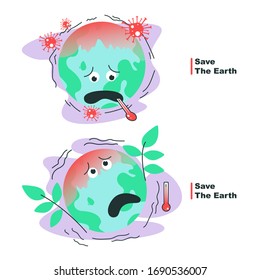 Vector illustration save the earth from coronavirus. the face of the earth is sick. stay home in safety for the earth. avoiding corona viruses. viruses vaccine concept.