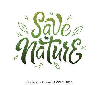 Ilustración vectorial con el texto de naturaleza guardado con hojas. Letras verdes sobre fondo blanco. Grabado original, tipografía. Puedes imprimirlo en bolsas de compras, tarjetas, camisetas. El concepto de ecología. Eco.