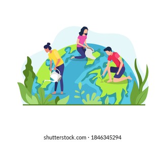 Vector illustration of Save the planet earth. The concept of the Earth day vector, Environmental protection. Group of people or ecologists taking care of Earth and saving planet. Vector in flat style
