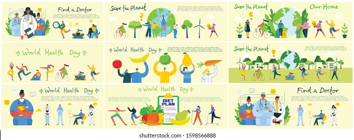 Vector illustration of Save the planet, Find a doctor, Health food, Diet plan concept backgrounds