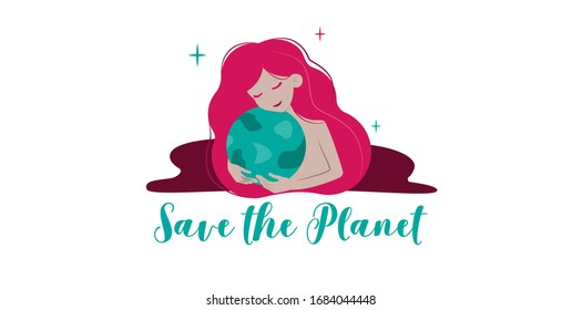 Vektorillustration Illustration "Save the planet" Mädchen mit rosafarbenen Haaren umarmt den Planeten, eps10