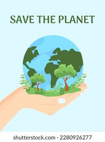 Vector illustration Save The Planet with hands hold a globe.Earth Day banner or poster.