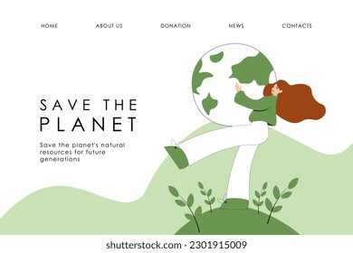 Vector illustration. Save the planet website design. Landing page. Isolated vector. Ecology, environmental protection, atmospheric pollution, planet. Conceptual web design.