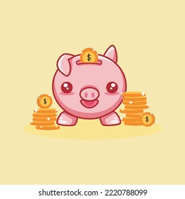 Vector illustration of saving coins with pig bank. Profit, income, earnings, budget fund. Economy, investment, money saving, banking or business services concept.