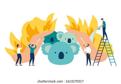 Vector illustration, saving the forest and animals from the fire, nature disaster concept, hands shelter from the fire