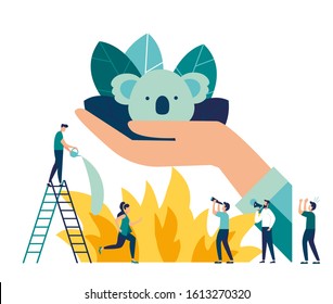 Vector illustration, saving the forest and animals from the fire, nature disaster concept, hands shelter from the fire