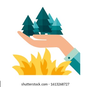 Vector illustration, saving the forest from fire, the concept of the disaster of nature from fire