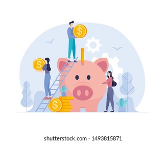 Vector illustration. Saving Into a Piggy Bank. People .Teamwork. Office. Banking, Management, Marketing. Group of Businessmen and Financiers. Business Concept. Finance. Piggy bank