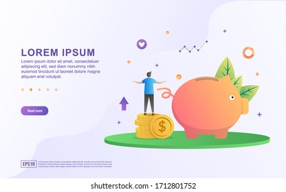 Vector Illustration of Saving money concept. A man enjoys the benefits of investing in deposits, saving money for the future.