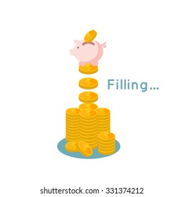 vector illustration of Saving money flat business concept, filling money with piggy  bank