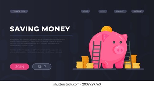 Vector illustration of saving money. Pink box of coins.