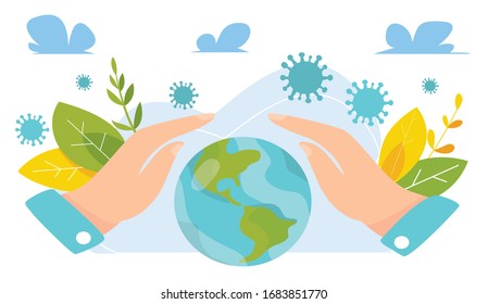 Vektorillustration Illustration der Rettung des Planeten vor dem neuartigen COVID-19-Koronavirus. Sicherheit der Erde weltweit.  Zur Erinnerung an die Opfer des Virus.Rettet den Planeten! Pandemie-Virusepidemie