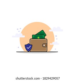 vector illustration of saving wallet with green paper money. Wallet with money dollar bank note flat design isolated, wallet with money icon flat. Online payment concept.