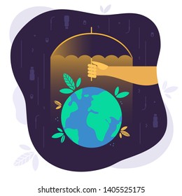 Vector illustration of saving the world from garbage. Hand holding an umbrella over the Earth. Picture rain of waste. Design of way to keep our planet healthy. Care and protection of the environment.
