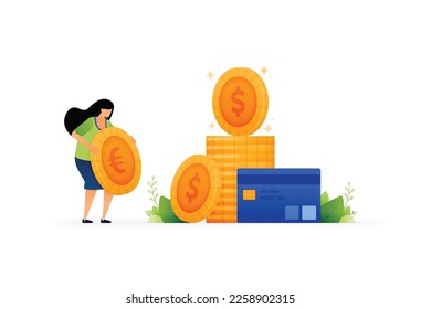 Ilustración vectorial del ahorro y la gestión del crédito. Finanzas personales y banca. Pagos con tarjeta de crédito. Acumulación de monedas por libertad financiera. Puede usarse para publicidad, afiches, campañas, sitios web, aplicaciones, banners