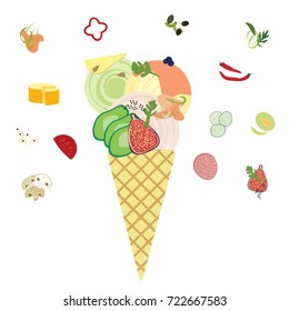 vector illustration of savory ice cream flavors with basil avocado topping and red sauce 