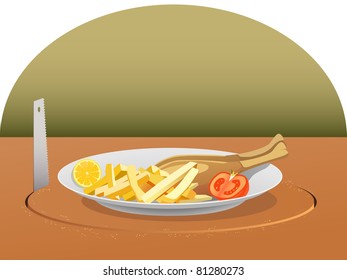 vector illustration of saw cutting the table and stealing lunch