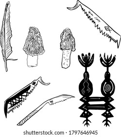 Vector illustration of a saw, morel mushrooms, feather, witch symbols. Illustration in mystic line style for printing on paper, logo, clothes, blanks for designers, Halloween,